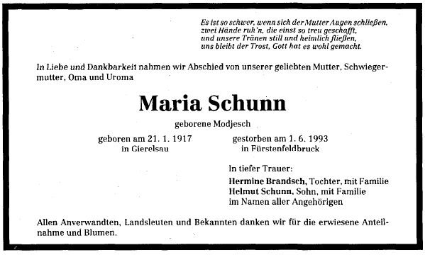 Modjesch Maria 1917-1993 Todesanzeige